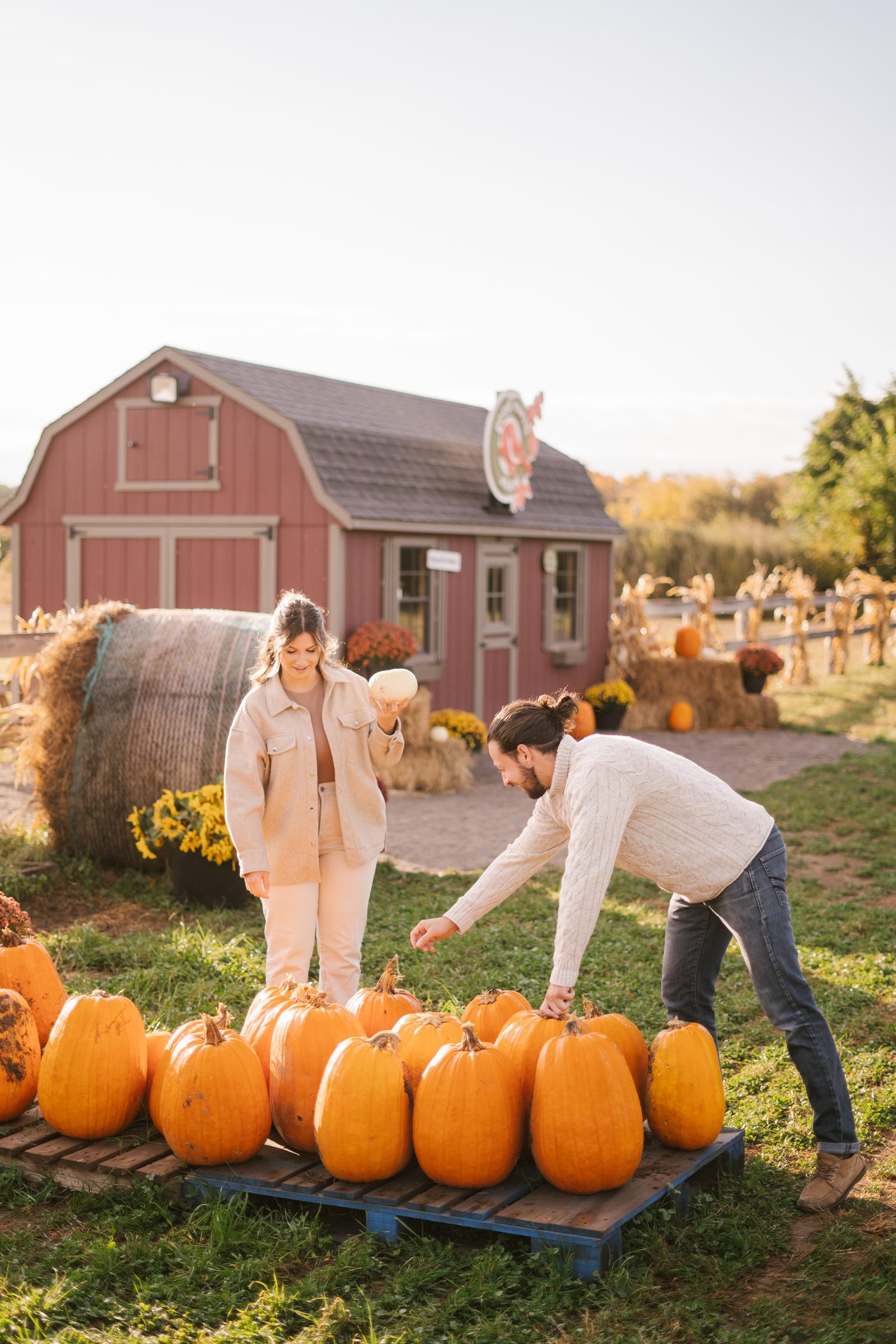 Two people lifting pumpkins at a Niagara farm on a fall afternoon.