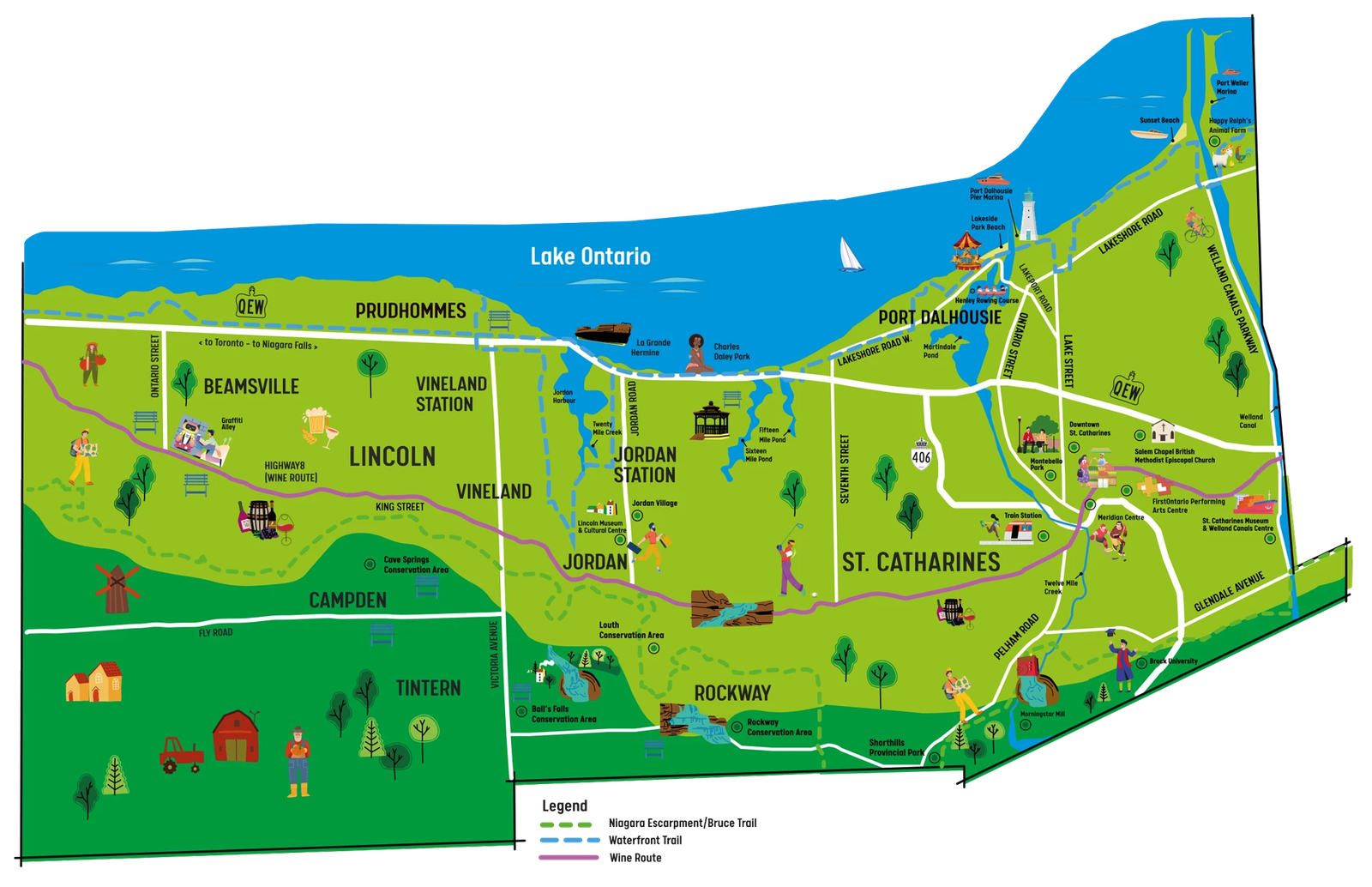 Illustrated map of St. Catharines and the Niagara Benchlands along Lake Ontario — from Beamsville, Vineland and Jordan in the west to Port Dalhousie and downtown St. Catharines in the east, with the QEW, the Bruce Trail, the Waterfront Trail and the wine route marked.