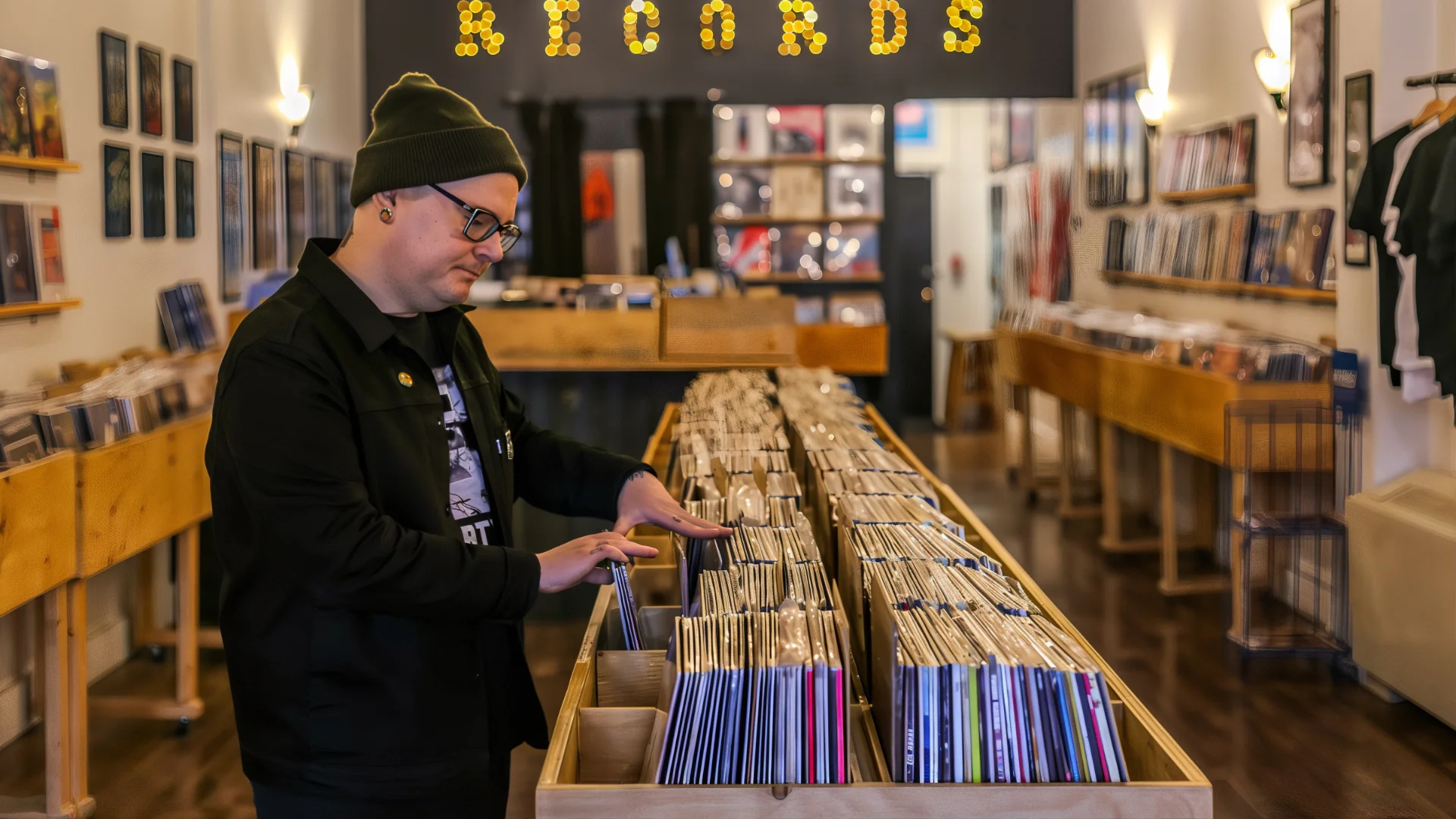 A man standing in front of a table filled with records